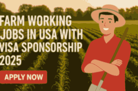 A digital graphic design advertisement features farm rows in the background at sunset, with bold text that reads "Farm Working Jobs in USA with Visa Sponsorship 2025." A smiling cartoon-style farmer in a red shirt and hat stands holding a shovel, and a red "APPLY NOW" button is displayed prominently