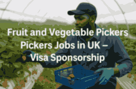 A young man wearing a denim shirt, black cap, and green gloves is picking strawberries on a UK farm. He holds a blue crate filled with harvested strawberries while carefully selecting ripe ones from the plant. The background shows rows of strawberry plants under a white polytunnel. Overlaid on the image is the bold text: “Fruit and Vegetable Pickers Jobs in UK – Visa Sponsorship.”