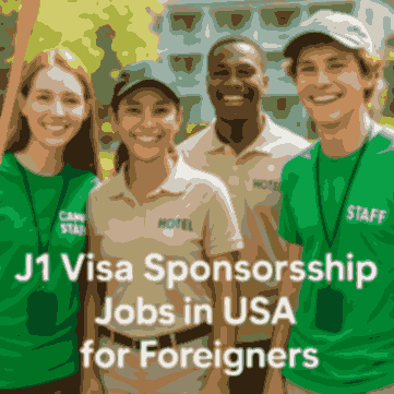 Young international workers smiling in uniforms while working at a summer camp and hotel in the USA, representing J1 Visa Sponsorship Jobs in USA for Foreigners, with visible teamwork and friendly interaction in a bright outdoor setting.