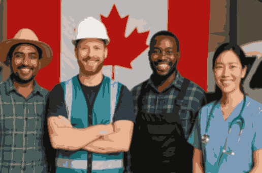 LMIA jobs in Canada for foreigners showing diverse workers in farming, healthcare, and skilled trades standing together in front of a Canadian flag.