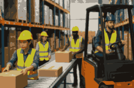 A clean warehouse in Australia where both men and women are working together. Some are packing boxes while others are driving forklifts. They are all wearing safety vests and helmets. This shows what Warehouse Jobs with Visa Sponsorship in Australia look like—safe, organized, and full of teamwork