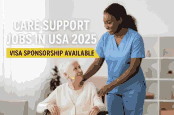 African female care worker in blue scrubs smiling while helping an elderly white woman in a wheelchair at home, with text showing care support jobs in USA with visa sponsorship available.