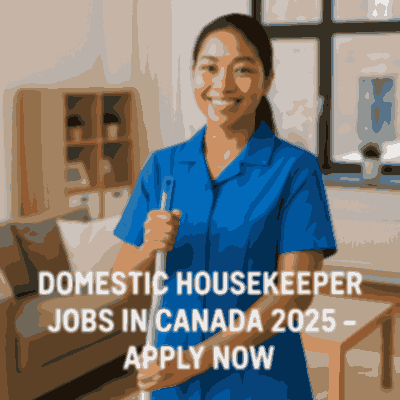 A smiling young woman in a blue housekeeping uniform stands in a clean, modern living room holding a mop, representing domestic housekeeper jobs in Canada 2025 with visa sponsorship opportunities.